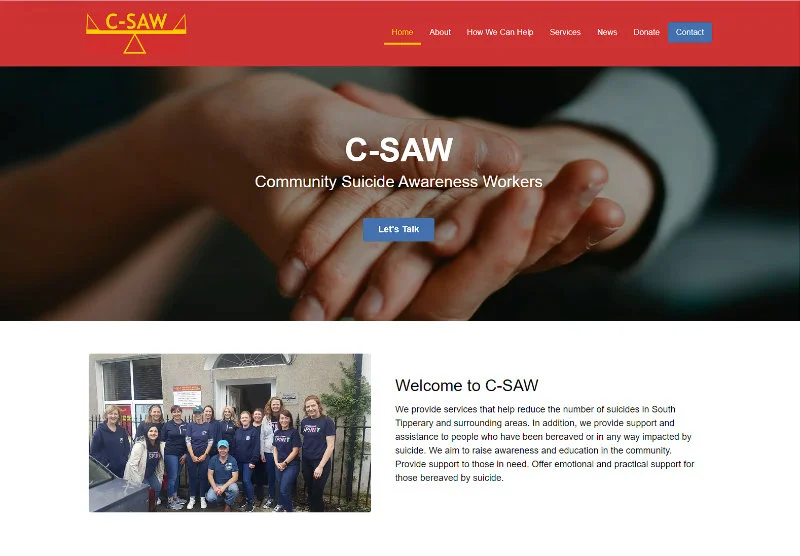 Screenshot of the website for CSAW suicide awareness charity Clonmel Co. Tipperary