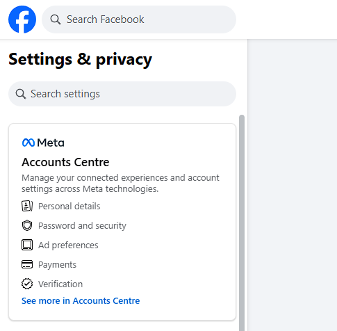 screenshot of facebook account centre