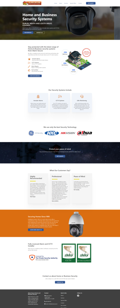 screenshot of alarm secures website