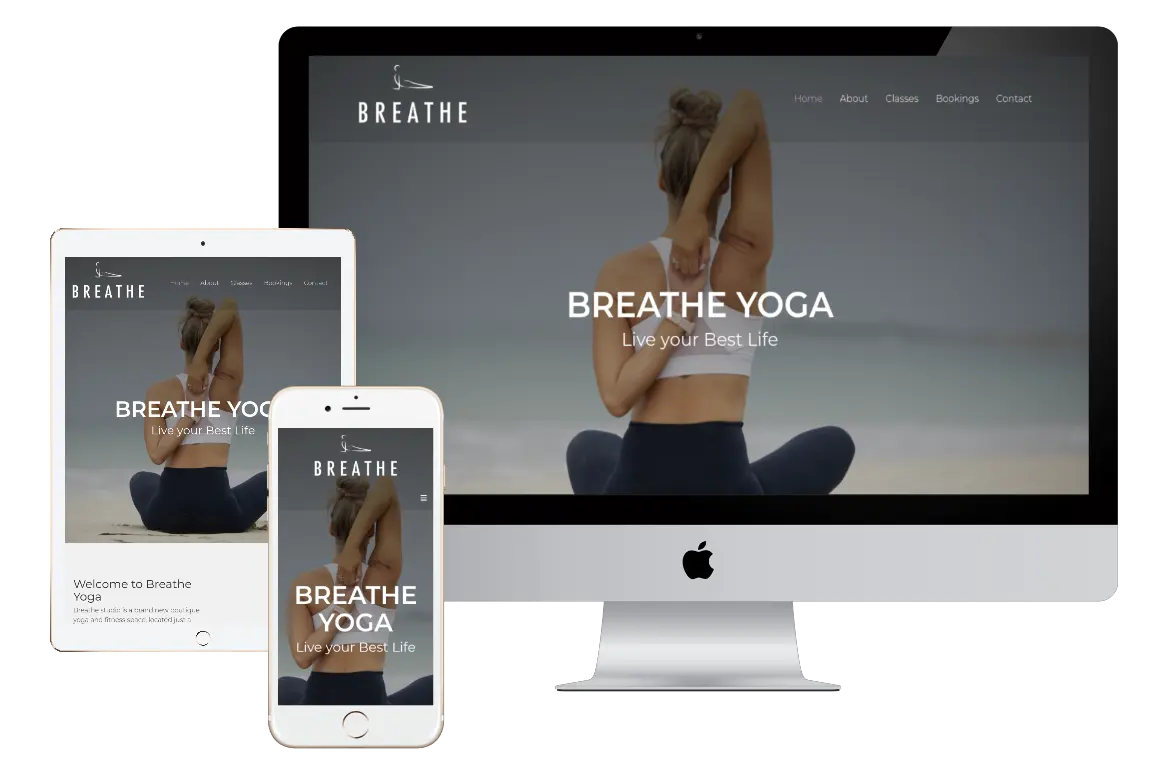 Breathe Yoga website shown on desktop, tablet and phone