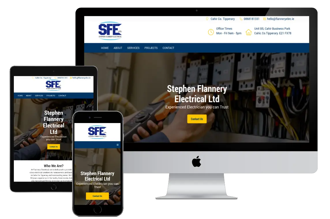 Electricians Websites displayed on a Mac, iphone and ipad.