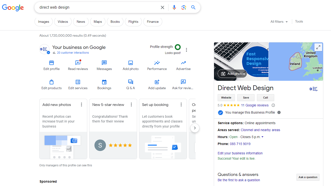Screen grab of a google business profile for direct web design Clonmel