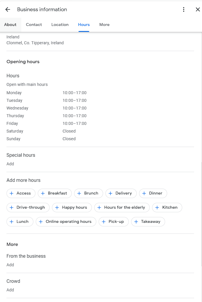 Google Business details page screenshot