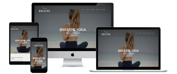 Breathe Yoga Cahir Website design displayed on a tablet, phone,laptop and desktop Apple machines. 