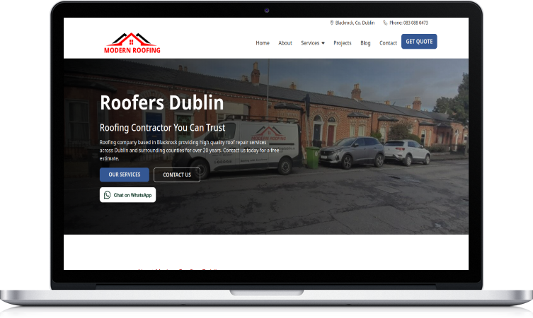 screenshot of the home page of Modern Roofing Dublin website
