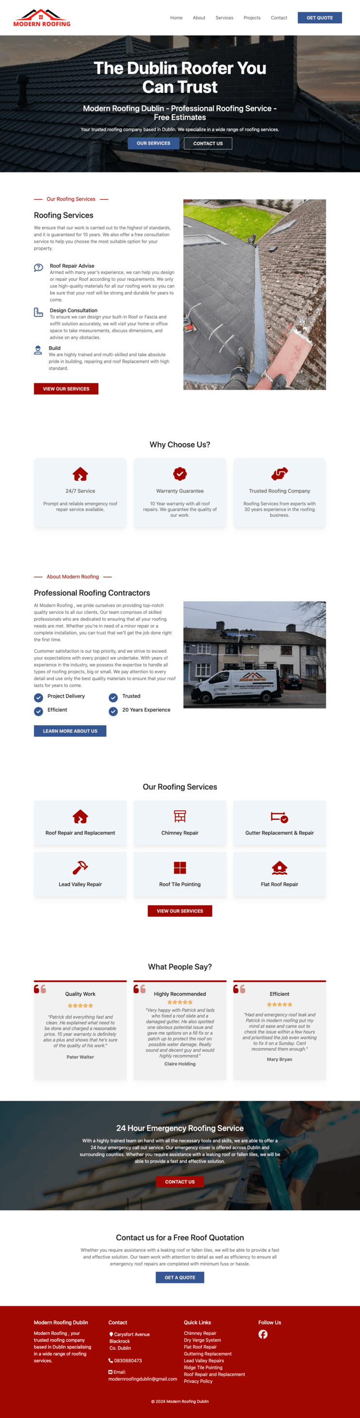 screenshot of the home page of Modern Roofing Dublin website