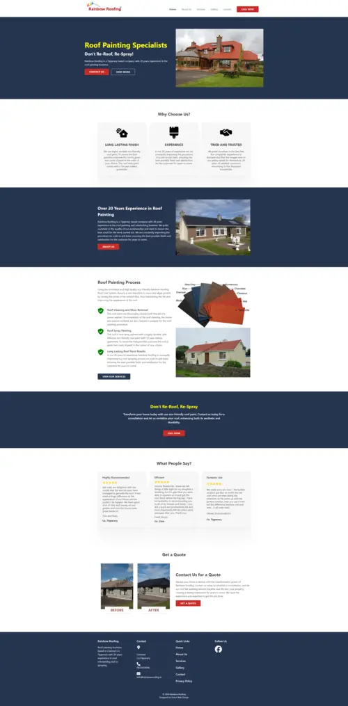 screenshot of rainbow roofing website home page